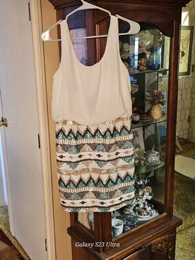 Myan Sleeveless Cream Mini Dress with Teal & Gold Sequin Skirt